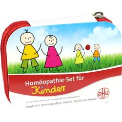 Ein Homöopathie-Set für Kinder mit bunten Strichmännchen auf der Verpackung.